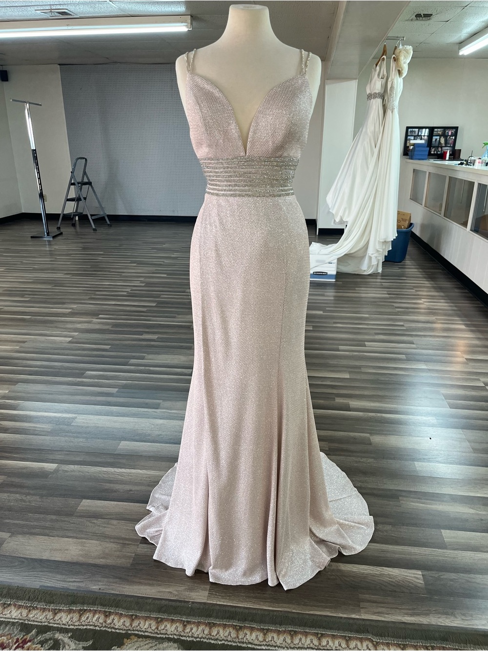 Clarisse Blush Pink Sparkle V-Neck Prom Gown